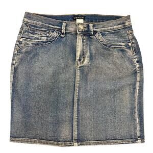 Y2K VTG jewel diamond button Blue Denim jean Mini Skirt Stretchy, Size 8